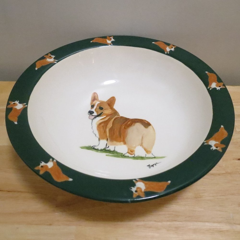 Zeppa Welsh Corgi Dog Serving Bowl Large 12.5" Signed Decor Green Brown 1996 - Picture 2 of 7